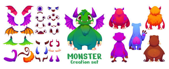Cartoon monster creation kit, funny evil character constructor featuring body parts, includes eyes, wings, tails and horns, facial expressions and figure shapes to create unique and playful monster © Vector Tradition