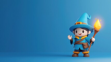 A cheerful cartoon wizard character in a blue outfit and hat, holding a glowing staff against a bright blue background.