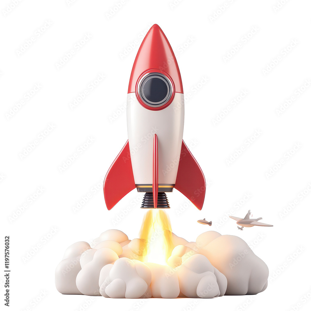 Poster A startup rocket launching into space, symbolizing innovation and business growth, 3D rocket in space Business startup and business growth concept, isolated on transparent background