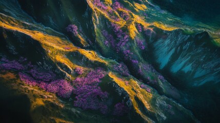 Aerial view of vibrant landscapes with flowing colors and blooming flowers. Explore the beauty of nature in this stunning AI-generated image. Generative AI