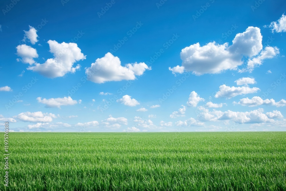 Poster Expansive green field under a bright blue sky with fluffy clouds during a sunny day. Generative AI