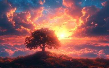 Fototapeta premium Solitary Tree Hilltop Sunset Landscape