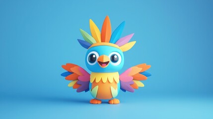 Naklejka premium A colorful, cartoon-style bird character with vibrant feathers and a joyful expression against a blue background.
