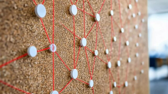 Connecting ideas through a network of red strings and white pins on a cork board in a creative workspace