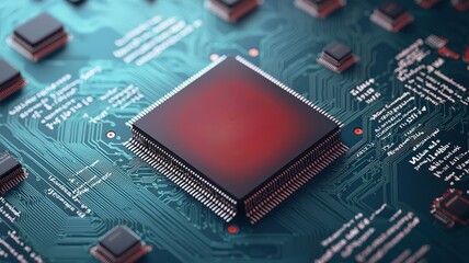 machine learning data science optimization concept. Microchip on a circuit board showcasing intricate electronic connections and components.