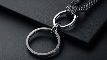 Fototapeta premium Elegant Black Necklace with Smooth Silver Ring and Woven Chain
