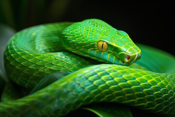 Obraz premium A trimeresurus macrops gracefully perched among lush greenery, showcasing its vibrant green scales and sharp eyes in a natural habitat, highlighting the beauty of tropical wildlife