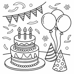 birthday cake with candles  coloring page for children, outline, education, line, outline, art, sketch