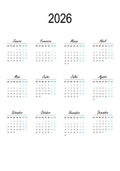 Calendar 2026 in portuguese language. Week start on Monday. Vector graphic.	