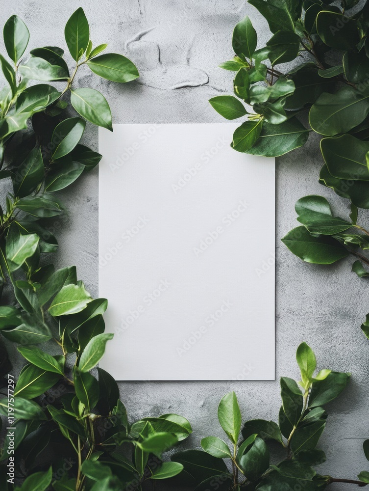 Poster blank paper surrounded by fresh green leaves on a textured gray background creating a peaceful setti