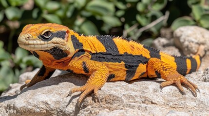 Obraz premium Vibrant orange and black lizard basking on a rock.