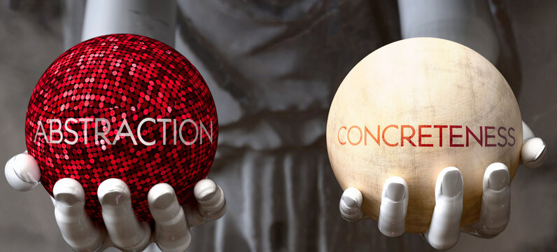 Abstraction or Concreteness - decide between two options. Greek statue presenting a choice: abstraction or concreteness, weighing their values. Looking at pros and cons.  ,3d illustration