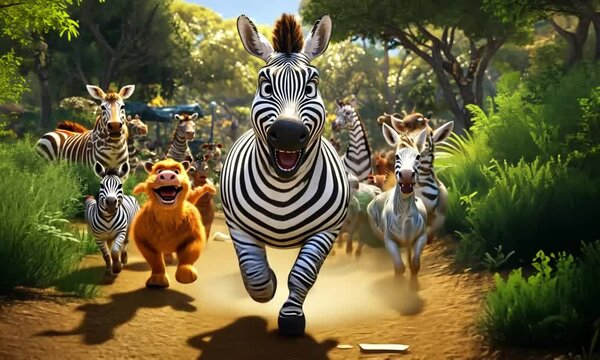 A cheerful zebra leads a herd of diverse African animals through a sun-drenched savanna.