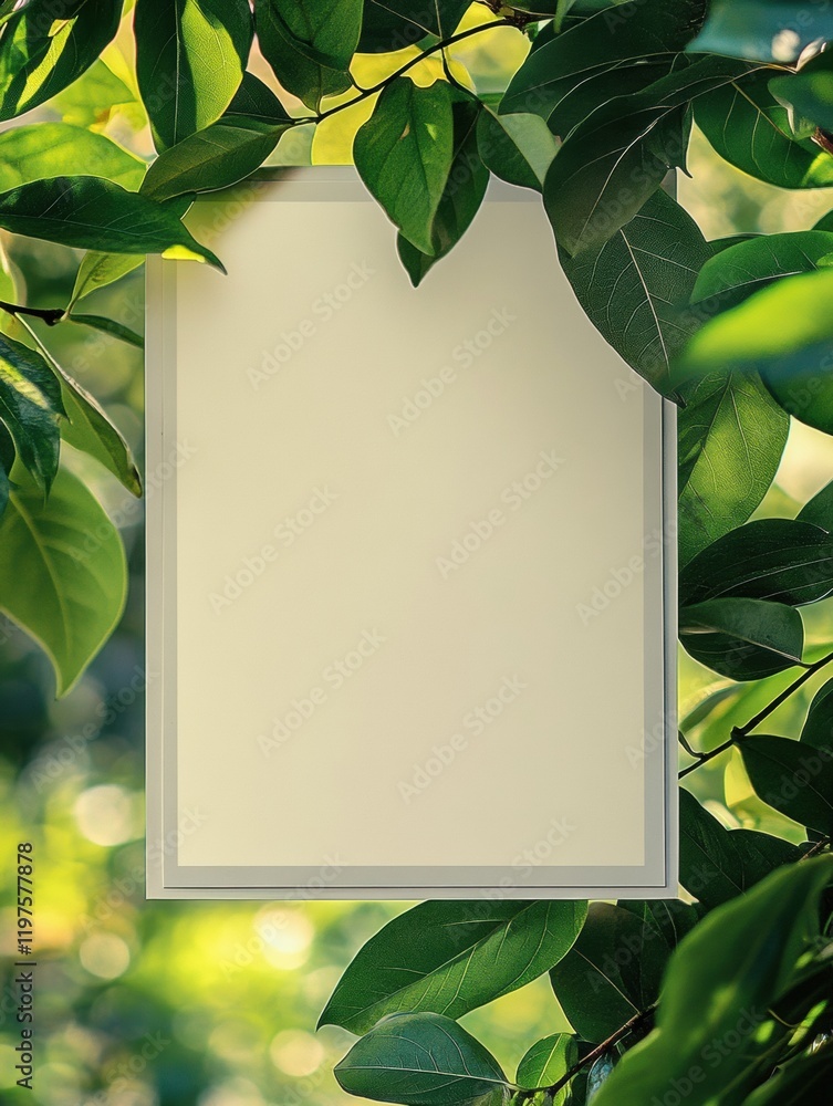 Poster Empty space for text framed by lush green leaves in a natural setting during daylight. Generative AI