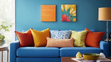 Vibrant Living Room with Colorful Pillows and Artwork