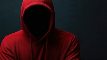 Mysterious figure in a red hoodie against a dark background with a hidden identity