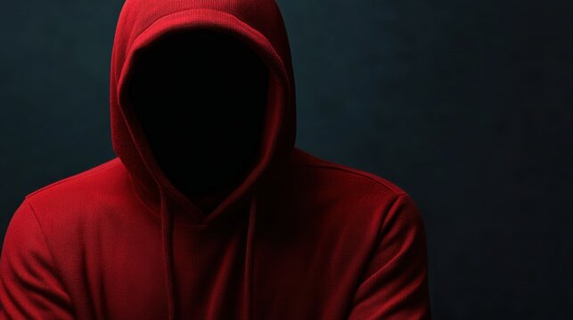 Mysterious figure in a red hoodie against a dark background with a hidden identity