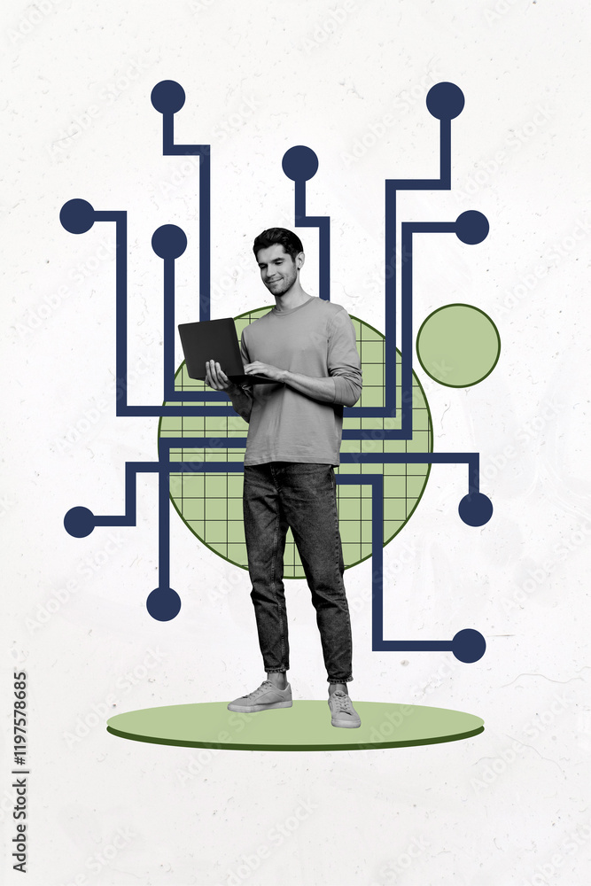 Poster Composite trend artwork sketch image photo collage of young guy programmer work laptop data information technology virtual space remote
