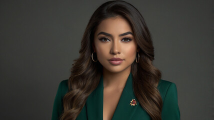 portrait of a latina american mexican professional woman tv news presenter long hair wearing green woman dressed elegantly formal on a white background