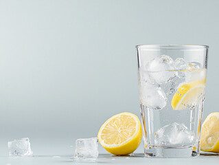 Refreshing glass of water with ice and lemon slices, radiating freshness and vitality. Perfect for hot day or healthy drink option