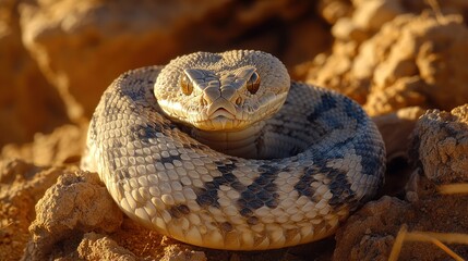 Desert viper coiled, facing camera, in rocky terrain.