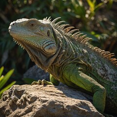 Obraz premium A sun-soaked lizard basks on a warm stone, its shimmering scales catching the light. A sun-soaked lizard basks on a warm stone, its shimmering scales catching the light