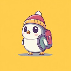 A penguin wearing a hat and backpack walking. Isolated on a yellow background. Cartoon illustration