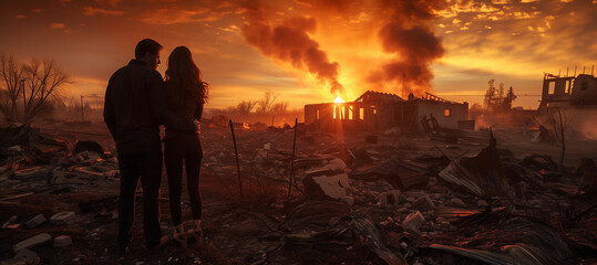 Obraz premium Couple Embracing Standing Stunned Gazing at the Fire Ruins of Their Home. Generative AI.