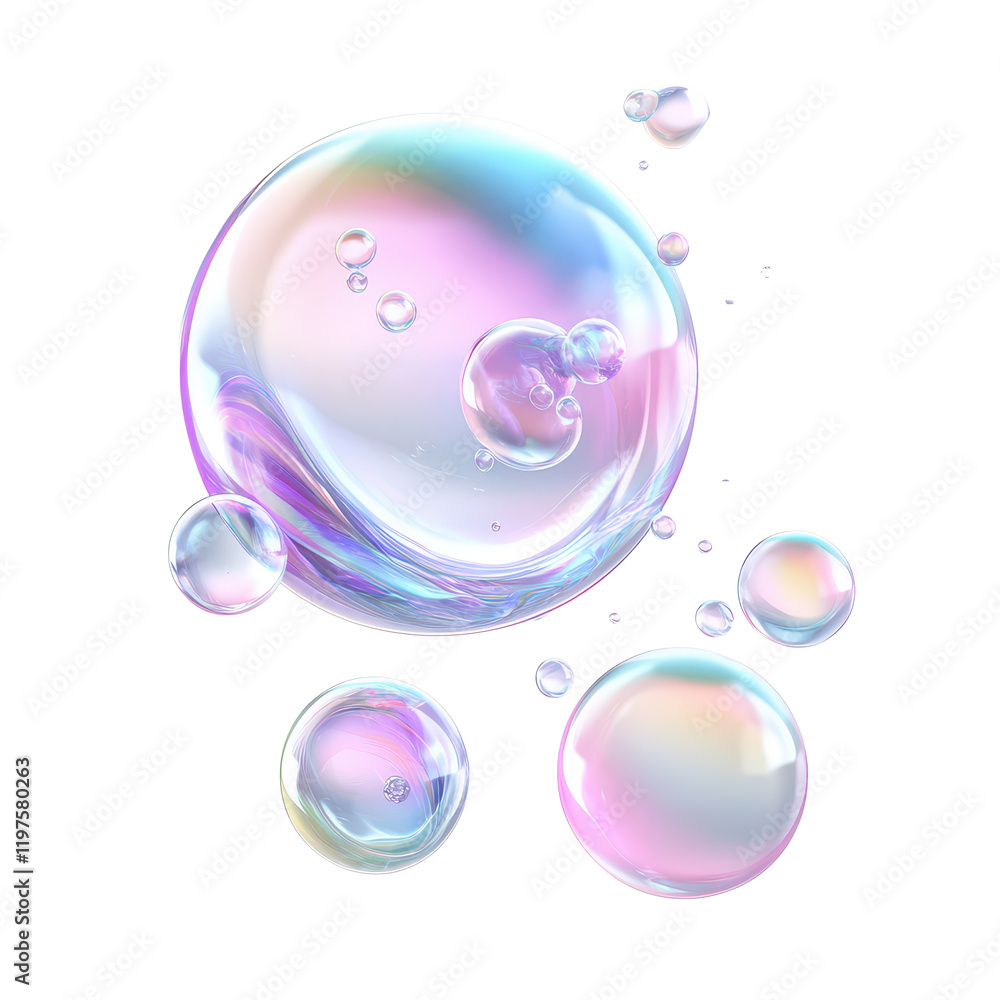 Poster bubbles of crystal glass displaying stunning refraction and holographic colors in a minimalist setti