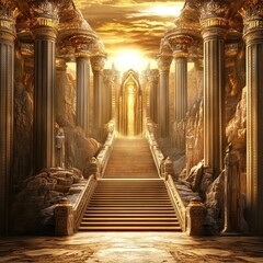 Obraz premium Golden Staircase Leading to a Doorway in a Classical Structure