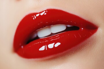 Obraz premium Luscious red lips showcasing glossy finish and perfect smile in close-up capturing beauty and elegance
