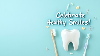 A cheerful design featuring a toothbrush, toothpaste, and dental floss surrounding a shining tooth