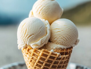 Creamy vanilla ice cream in a waffle cone on a sunny day by the beach with soft waves and bright blue sky