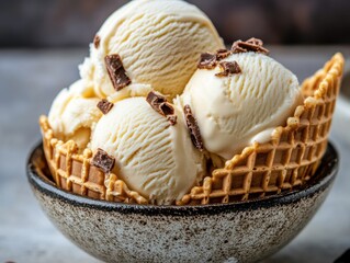 Creamy vanilla ice cream scoops served in a crispy waffle cone bowl with chocolate shavings on a rustic table