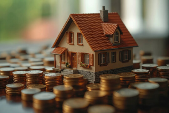 House-shaped piggy bank overflowing with coins on a wooden table.
