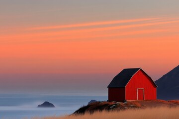 Red barn sits peacefully on a hillside with a stunning sunset over the ocean