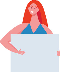 Smiling redhead woman holding blank placard with space for text, showing empty board for advertising, marketing or campaigning, vector illustration