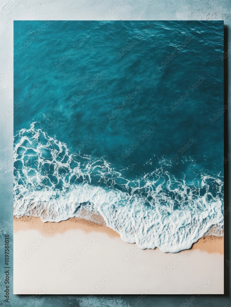 Poster Tranquil beach view showcasing soft waves crashing on a sandy shore with space available for text. Generative AI