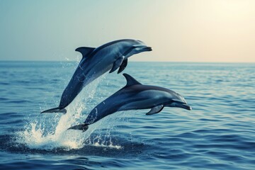 Fototapeta premium Dolphins playfully jumping out of the ocean at sunrise, showcasing their agility and grace as they splash through the water with vivid reflections and a serene backdrop of the early morning sky