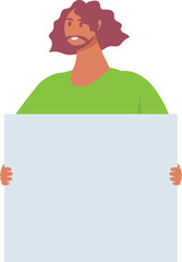 Fototapeta premium Young man with curly hair and beard is holding blank banner and participating in picket, fighting for human rights, taking part in parade, supporting social movement