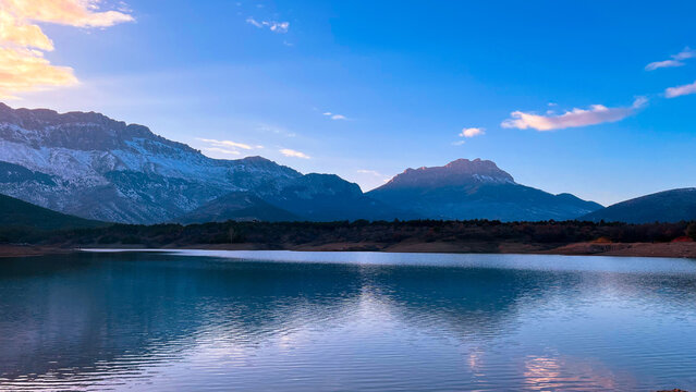 A lake in Turkey, beautiful nature landscape weather, Taurus mountains and the lake at sunset, a winter landscape in blue tones, Konya, Turkey, Travelling concept backround, 