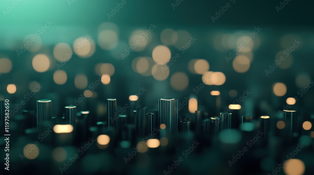 Poster a digital landscape featuring illuminated vertical structures surrounded by soft, glowing bokeh effe