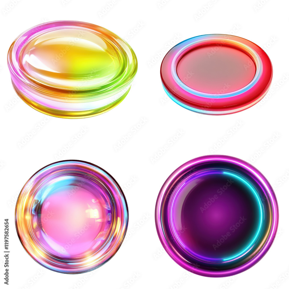 Poster four shiny glass buttons in various colors arranged on a flat surface for design or interface use on