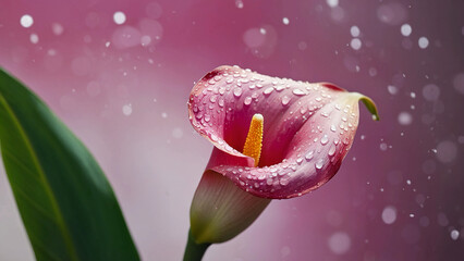 A calla flower with pink paint oozing from it. Copy space and a simple, exotic summer concept.
