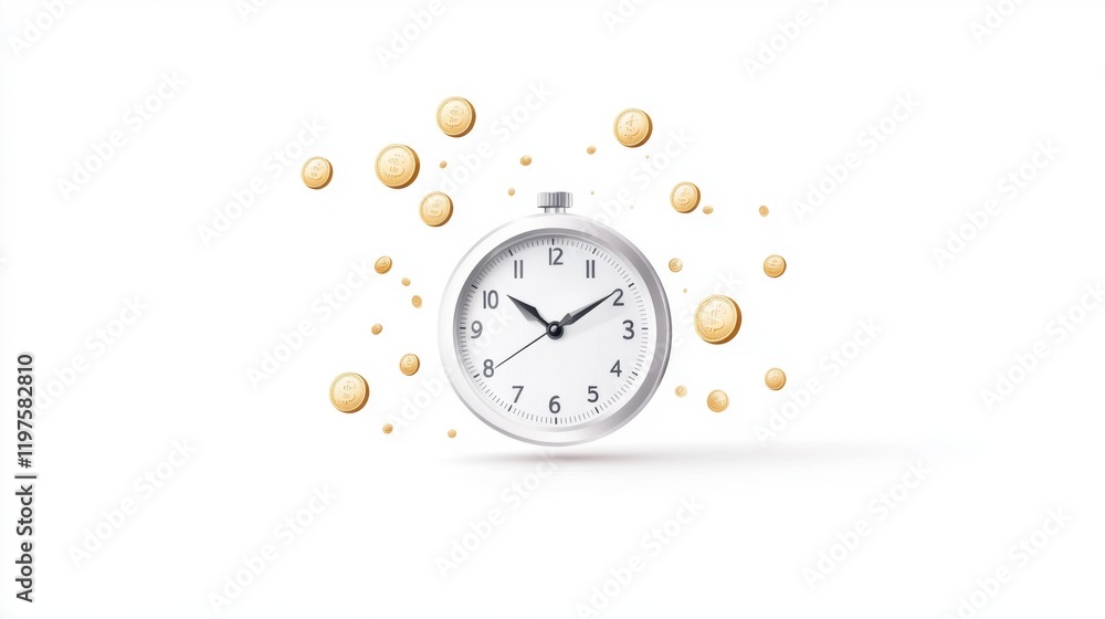 Poster a minimalist clock surrounded by floating golden bubbles on a white background, symbolizing time and