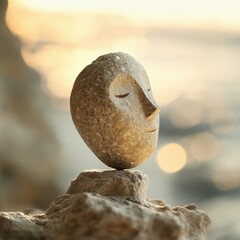 Obraz premium Balancing stone sculpture with serene expression at sunset by the shore