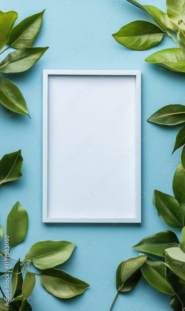 Poster Mock up frame surrounded by vibrant green leaves on soft blue background designed for creative text placement. Generative AI