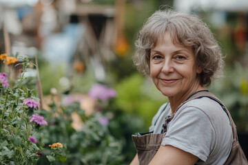 Fototapeta premium Image of smiling woman renovate landscape in backyard garden generative ai
