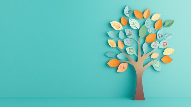 A colorful, abstract tree made of paper leaves stands against a teal background, symbolizing growth and creativity.