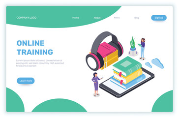 Two female students are using a smartphone with headphones and a stack of books to learn with online training courses, in this isometric illustration for e learning and knowledge concept